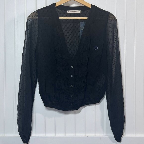 New Abercrombie & Fitch Women's Black Sheer Polka Dot V-Neck Blouse Long Sleeve - Picture 2 of 8